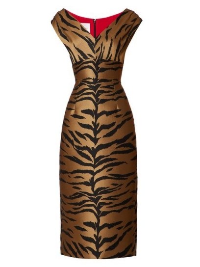 CAROLINA HERRERA Tiger-jacquard midi dress. BROWN ANIMAL PRINT DRESSES - flipped