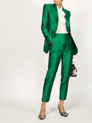 DOLCE & GABBANA Turned-up cuff silk straight-leg trousers from Matches Fashion – emerald green – Made from silk shantung - flipped