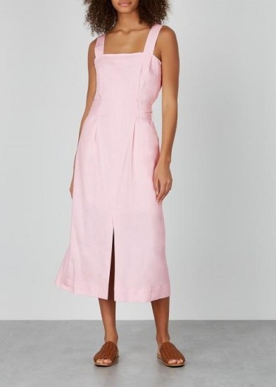 VINCE Light pink linen-blend midi dress ~ square neck sundress ~ vacation dresses - flipped