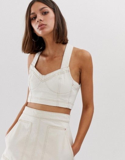 Weekday co-ord denim crop top with contrast stitching in ecru | summer fashion sets
