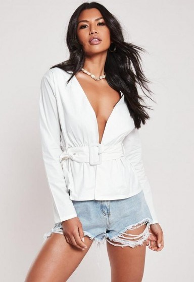 Missguided white belted plunge blouse - flipped