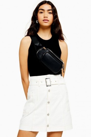 TOPSHOP White Button Down Belted Denim Skirt - flipped