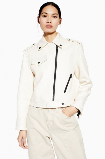 TOPSHOP White Leather Biker Jacket By Boutique – military style jackets