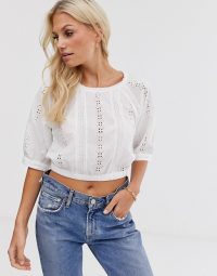 Y.A.S brodierie elasticated waist top white | cropped boho tops