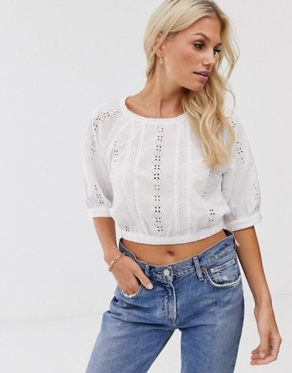 Y.A.S brodierie elasticated waist top white | cropped boho tops - flipped