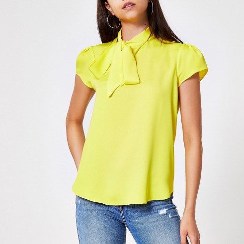 River Island Yellow tie neck short sleeve blouse | vintage style blouses - flipped