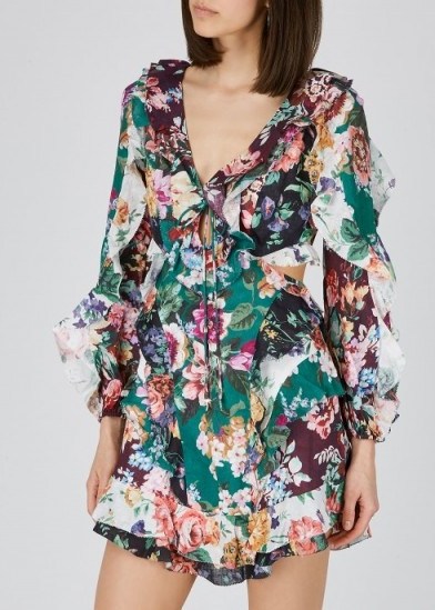 ZIMMERMANN Allia floral-print ruffled linen mini dress / side cut-out dresses - flipped
