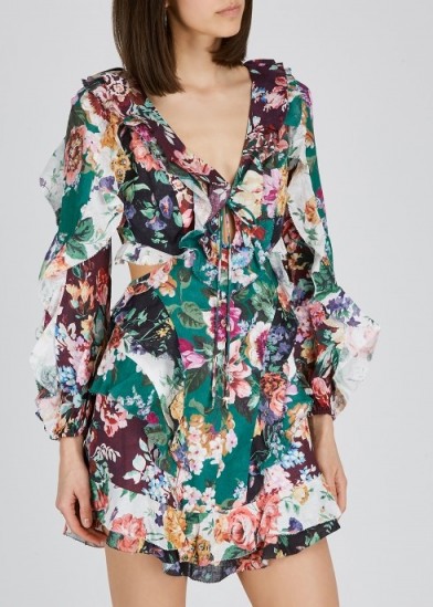 ZIMMERMANN Allia floral-print ruffled linen mini dress / side cut-out dresses