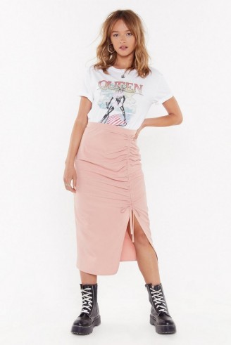 NASTY GAL A Little Slit of Heaven Ruched Midi Skirt Blush – light-pink front gathered skirts