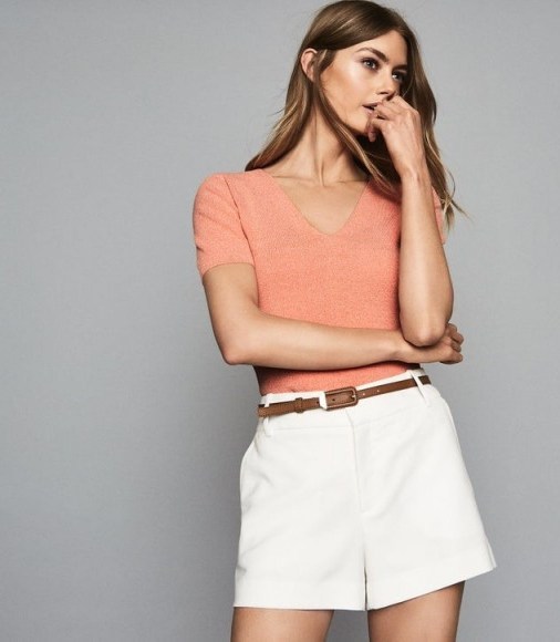 Reiss ADA V-NECK KNITTED TOP CORAL | short sleeve summer knit - flipped