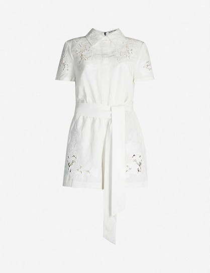 ALICE & OLIVIA Lanna floral-embroidery linen playsuit off-white