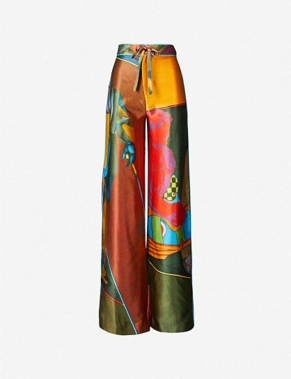 16 ARLINGTON Cher graphic-print silk trousers ~ multicoloured fluid-fabric pants - flipped