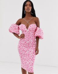 ASOS DESIGN bardot bubble sleeve strappy floral midi dress – pink off the shoulder dresses