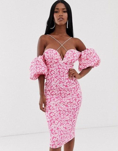 ASOS DESIGN bardot bubble sleeve strappy floral midi dress – pink off the shoulder dresses - flipped