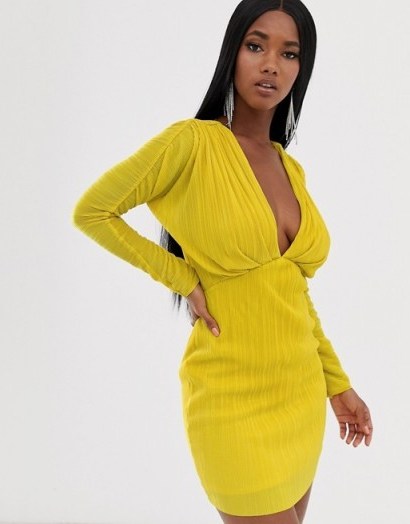 ASOS DESIGN batwing sleeve plisse mini dress in yellow ~ bright plunging party dresses - flipped