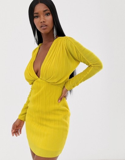 ASOS DESIGN batwing sleeve plisse mini dress in yellow ~ bright plunging party dresses