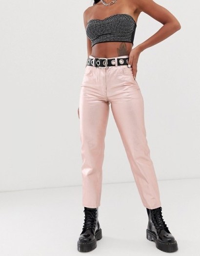 ASOS DESIGN Florence authentic straight leg jeans in rose gold metalic pink ~ shiny denim - flipped