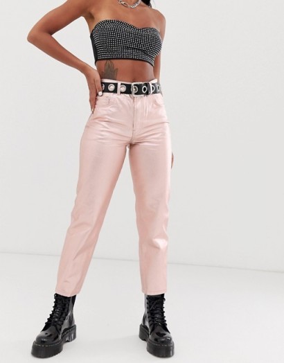 ASOS DESIGN Florence authentic straight leg jeans in rose gold metalic pink ~ shiny denim