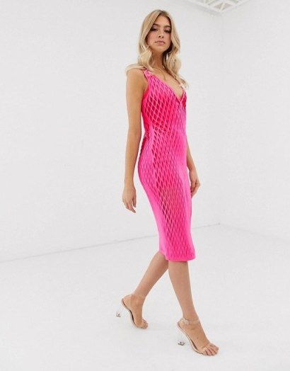 ASOS DESIGN laser cut scuba column midi dress in hot-pink – bright going out fashion - flipped