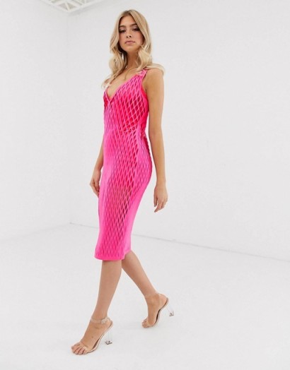 ASOS DESIGN laser cut scuba column midi dress in hot-pink – bright going out fashion