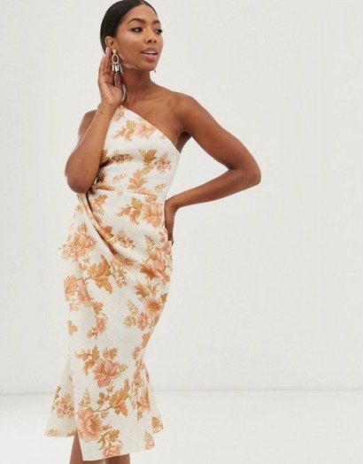 ASOS DESIGN one shoulder tuck detail midi dress in Floral Print / side gathered dresses - flipped