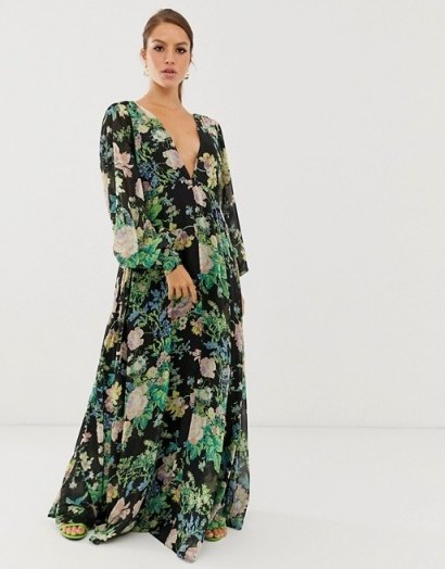 ASOS EDITION blouson sleeve maxi dress in floral print / long flowing plunge front dresses - flipped