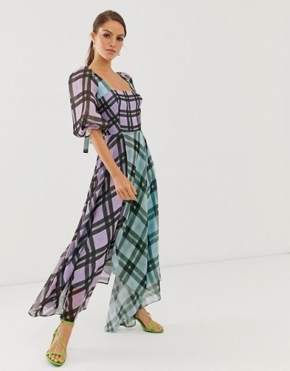 ASOS EDITION off shoulder midi dress in mixed check print / floaty checked dresses - flipped