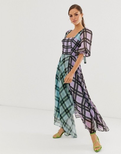ASOS EDITION off shoulder midi dress in mixed check print / floaty checked dresses