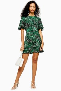 Topshop AUSTIN Spot Print Mini Dress in Green ~ floaty angel sleeved summer frock