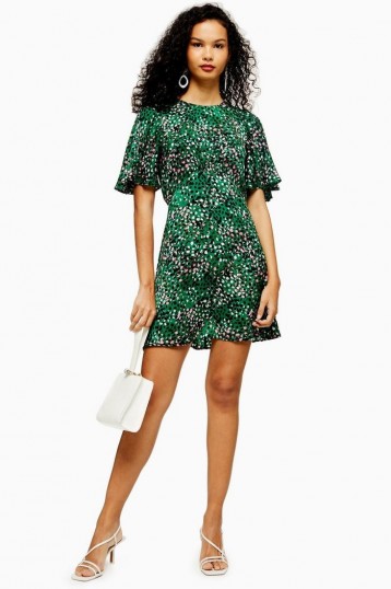 Topshop AUSTIN Spot Print Mini Dress in Green ~ floaty angel sleeved summer frock