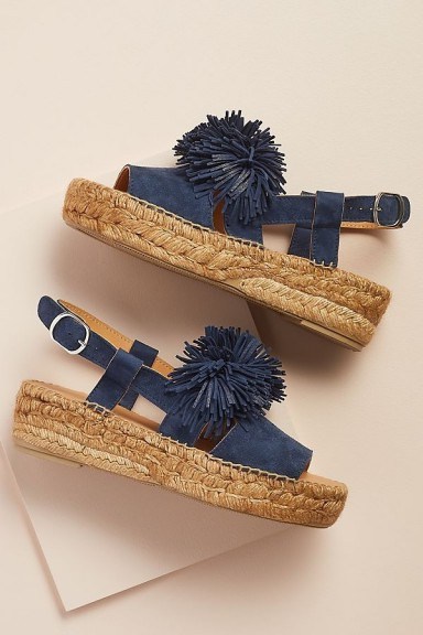 Naguisa Pommed-Leather Espadrille Sandals in Navy ~ blue pompom flats - flipped