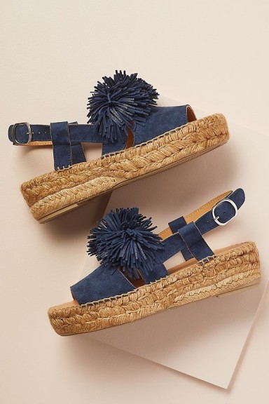 Naguisa Pommed-Leather Espadrille Sandals in Navy ~ blue pompom flats
