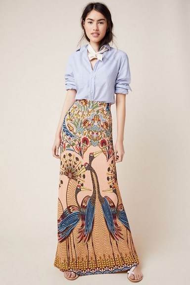 Farm Rio Mixed-Print Maxi Skirt | long length bird print skirts - flipped