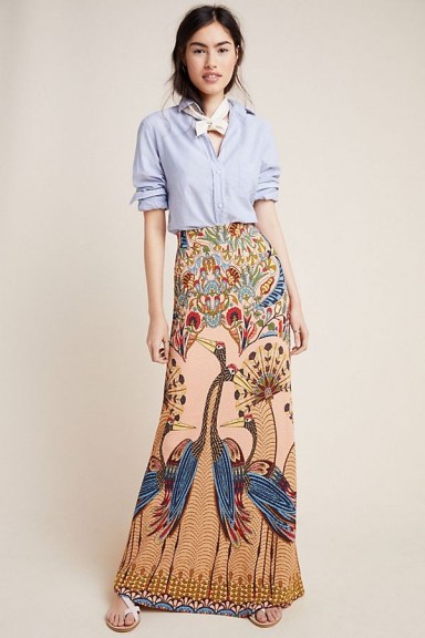 Farm Rio Mixed-Print Maxi Skirt | long length bird print skirts
