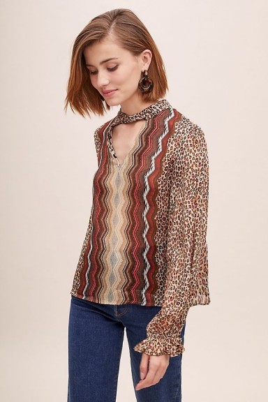 Conditions Apply Mixed-Print Peasant Blouse Brown Motif / front cut-out top