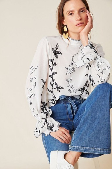Not So Serious by Pallavi Mohan Hopper Embroidered Blouse Black and White / monochrome floral blouses - flipped