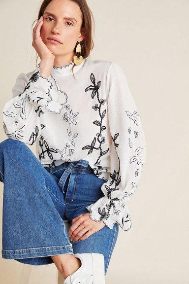 Not So Serious by Pallavi Mohan Hopper Embroidered Blouse Black and White / monochrome floral blouses