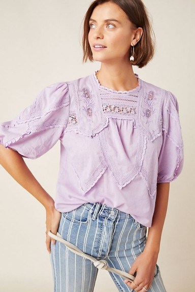 ANTHROPOLOGIE Aderyn Puff-Sleeved Lace Blouse Lavender - flipped