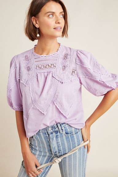 ANTHROPOLOGIE Aderyn Puff-Sleeved Lace Blouse Lavender