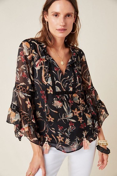 Maeve Odette Floral Peasant Blouse Black Motif / floaty fabric blouses - flipped