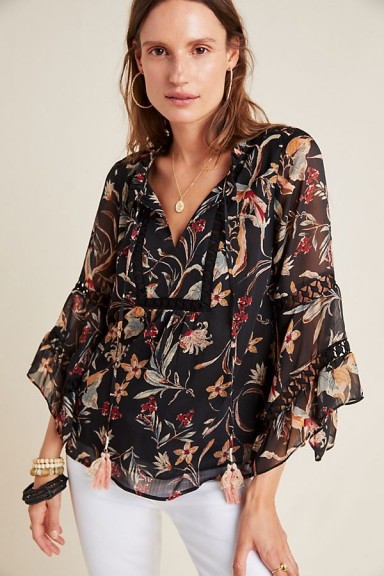 Maeve Odette Floral Peasant Blouse Black Motif / floaty fabric blouses