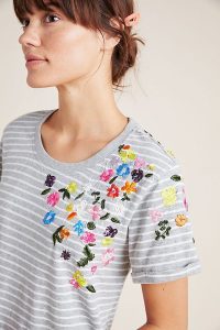 Anthropologie Twyla Striped Floral Tee Grey Motif | embroidered T-shirt
