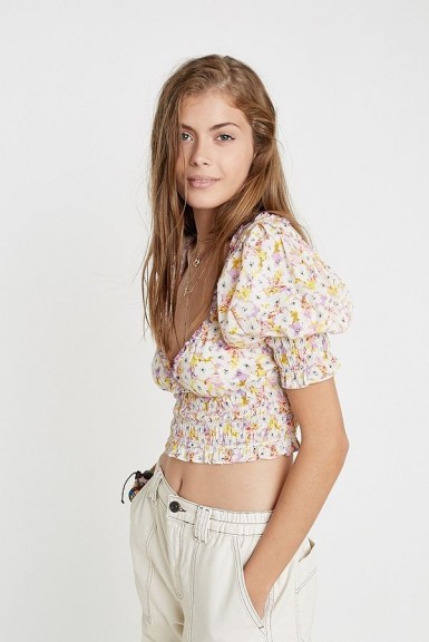 UO May Smocked Puff Sleeve Cropped Top White Multi