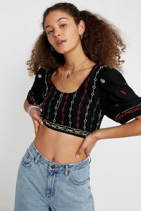UO Sun Is Shining Embroidered Top Black Multi
