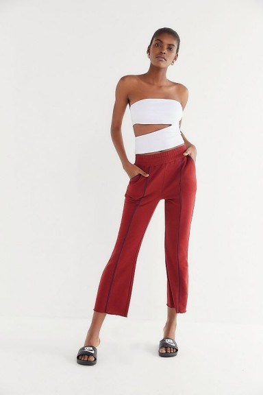 Out From Under Finley Pintuck Cropped Flare Pants in Maroon | red crop leg trousers - flipped