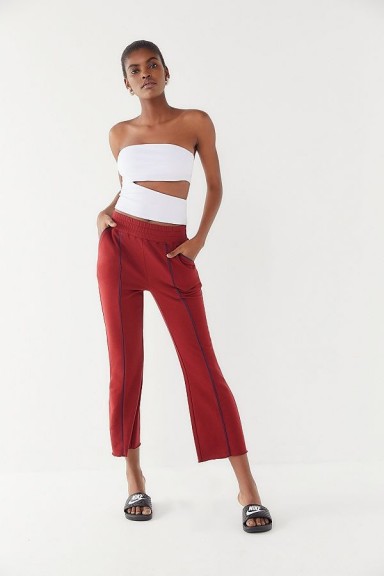 Out From Under Finley Pintuck Cropped Flare Pants in Maroon | red crop leg trousers