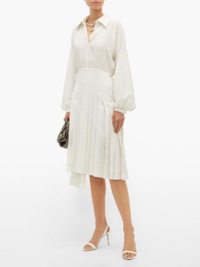 FENDI Balloon-sleeve Swiss-dot silk midi dress in white ~ chic shirt dresses - flipped