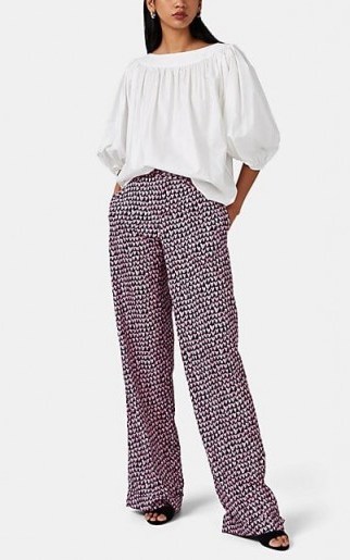 BARNEYS NEW YORK Doodle-Heart Crêpe De Chine Pants ~ navy trousers with pink and white hearts - flipped