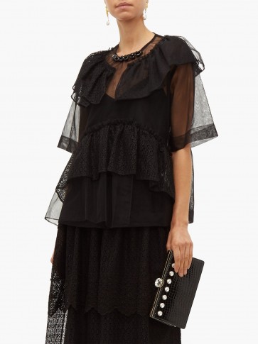SIMONE ROCHA Beaded neckline tulle & lace blouse in black ~ romantic ruffles