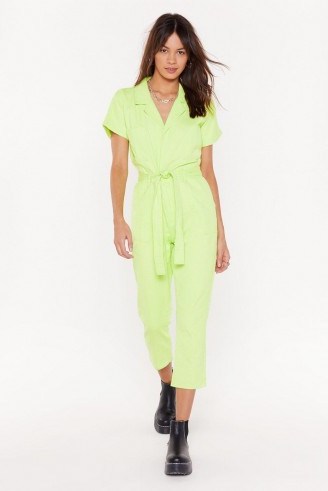 NASTY GAL Belted Short Sleeve Boilersuit in Lime - flipped